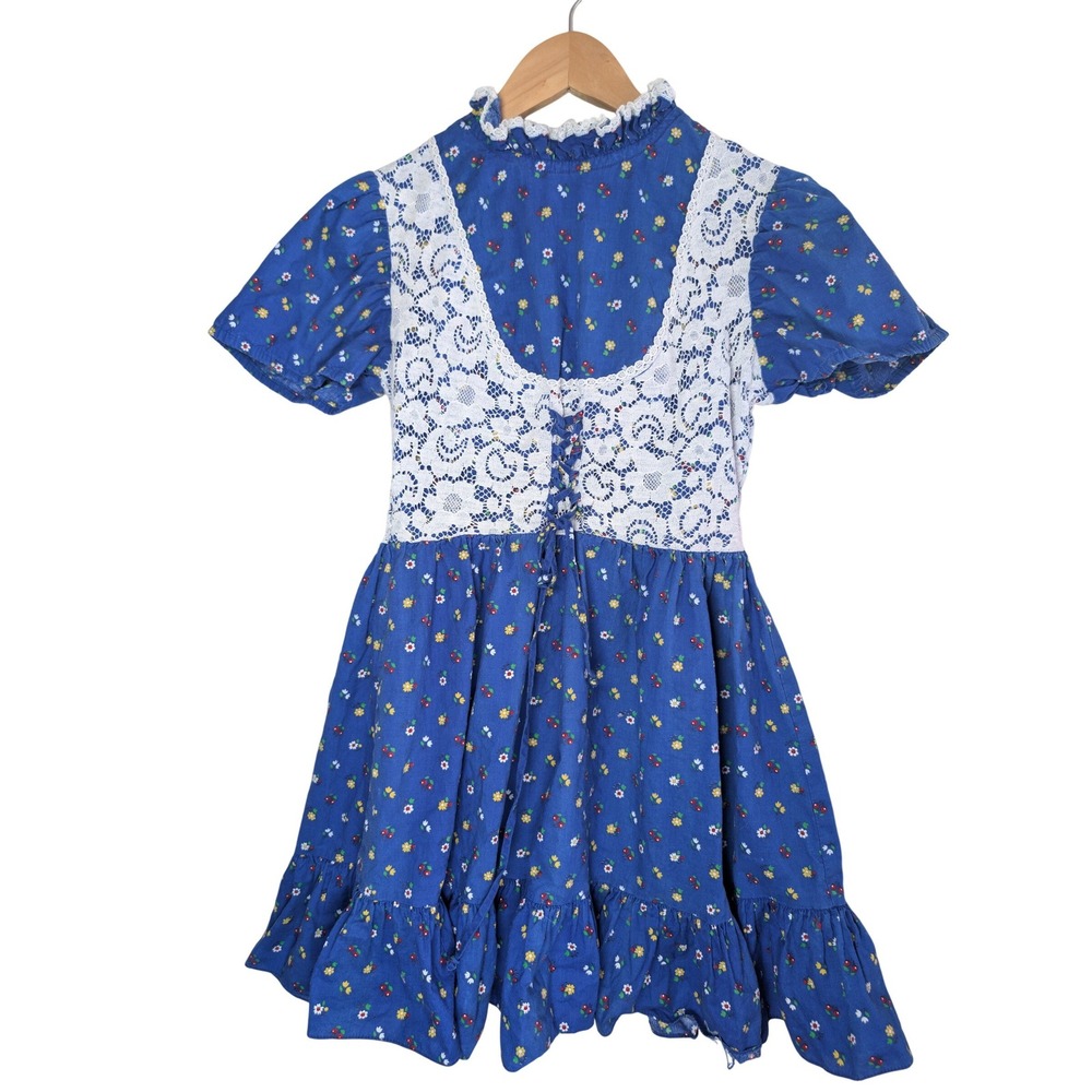 Vintage 70s Prairie Dress Blue Floral Lace Bodice Size 13 Cottagecore Union Made